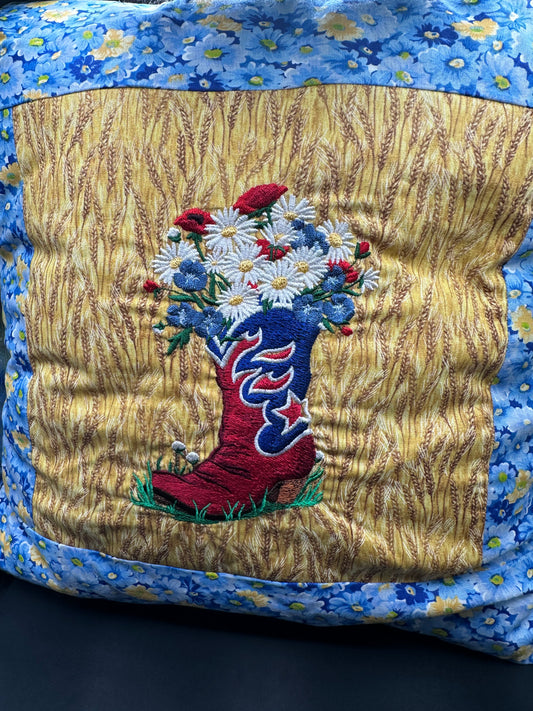 embroidered cowboy boot with flowers pillow