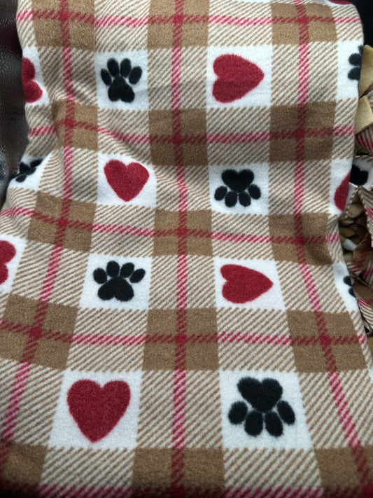 hearts & paws - brown plaid fleece blanket