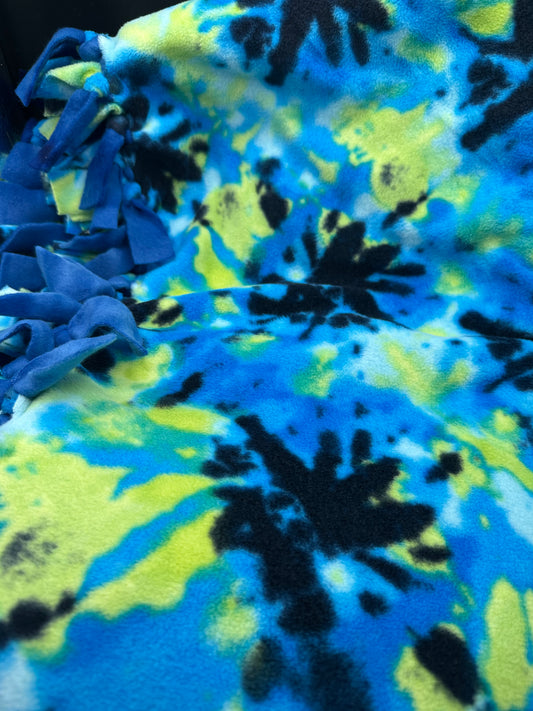 blue and gold swirl tie dye fleece blanket