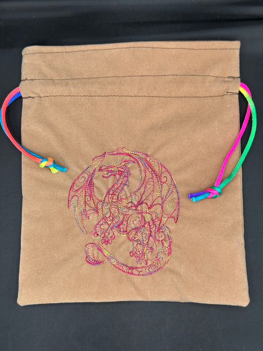Embroidered doodle dragon draw string bag
