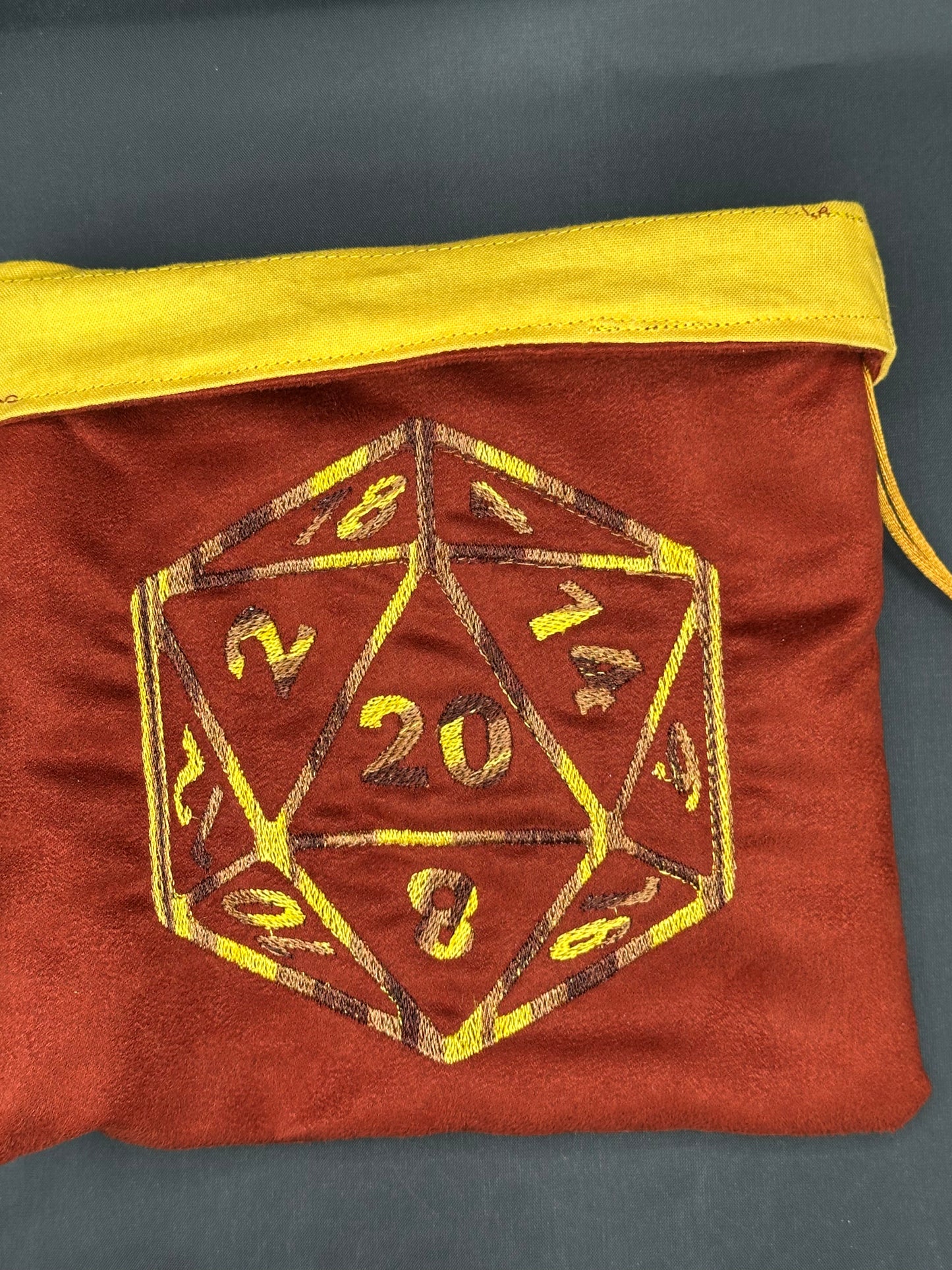 Embroidered D20 dice draw string bag