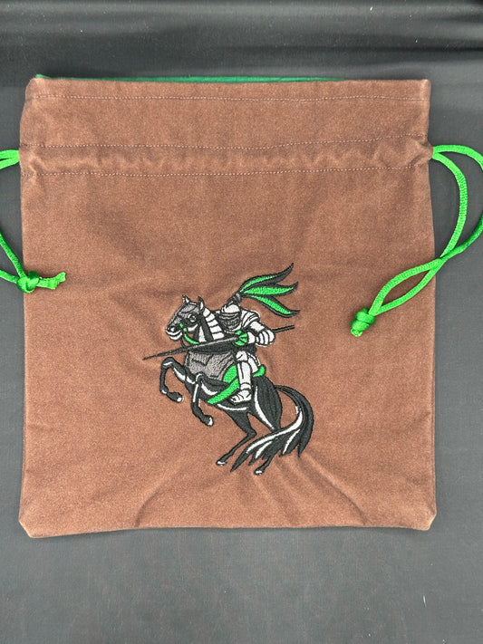 Embroidered Green Jousting Knight on brown suede draw string bag