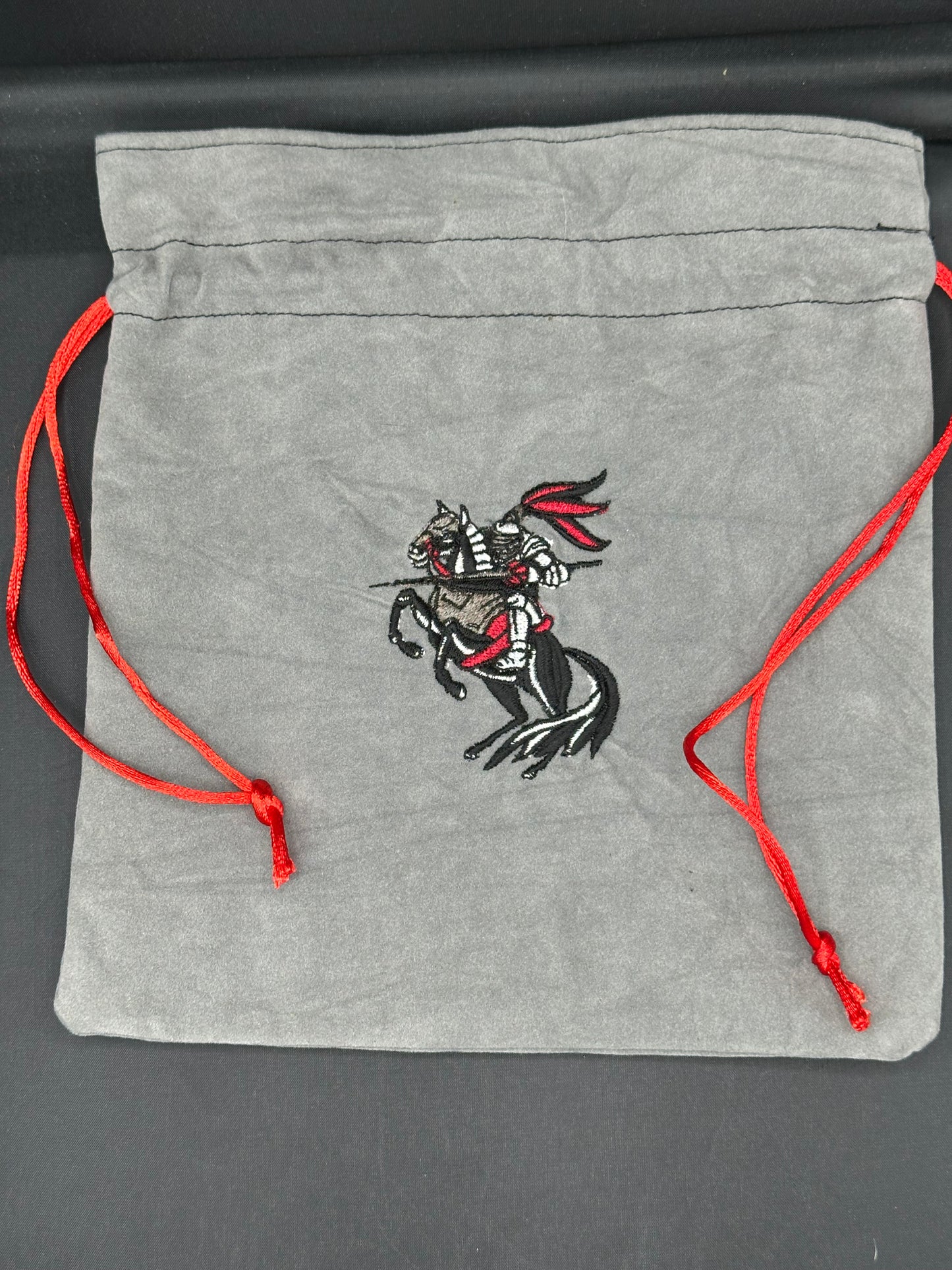 Embroidered Red Jousting Knight grey suede draw string bag
