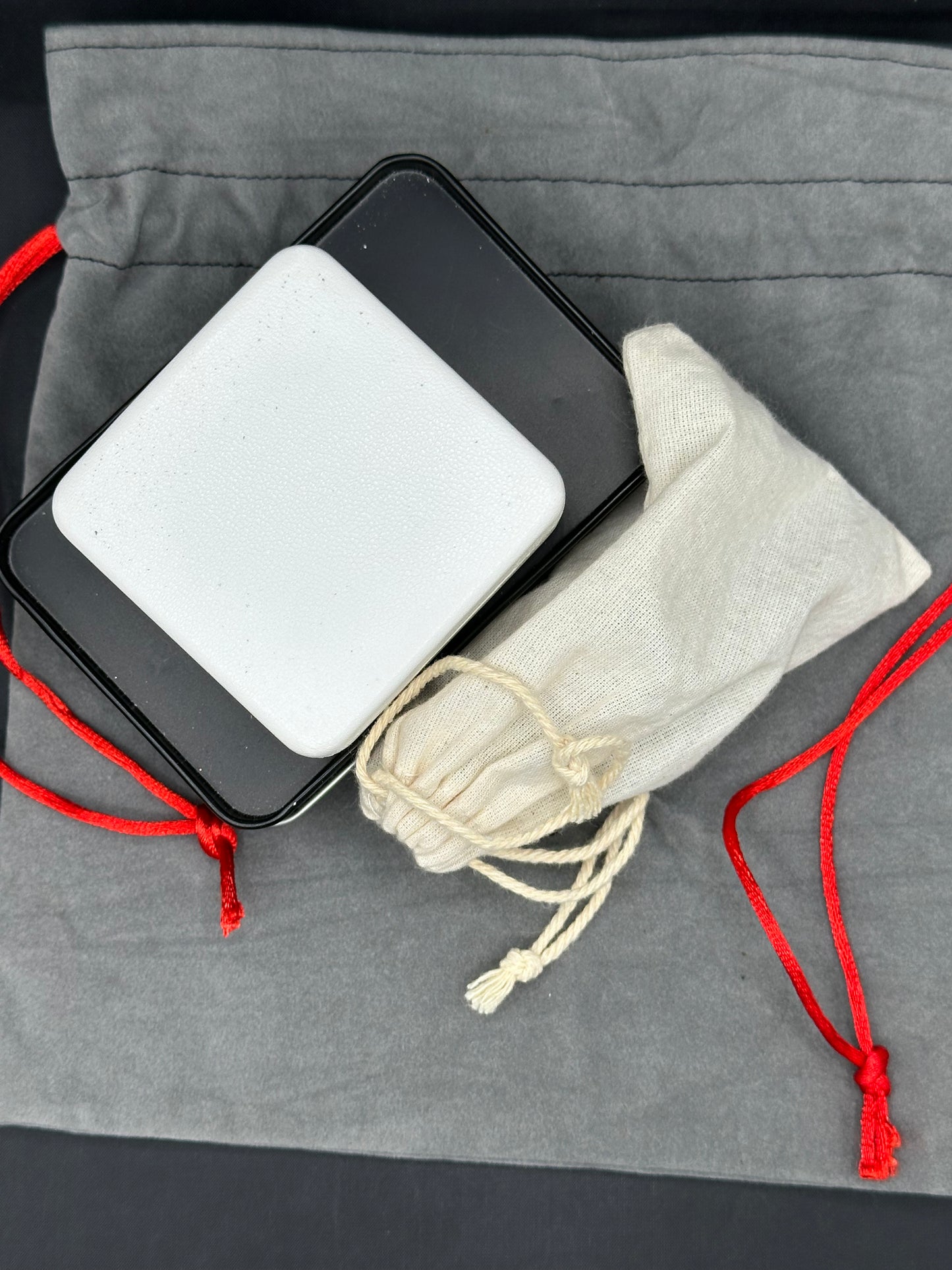 Embroidered Red Jousting Knight grey suede draw string bag