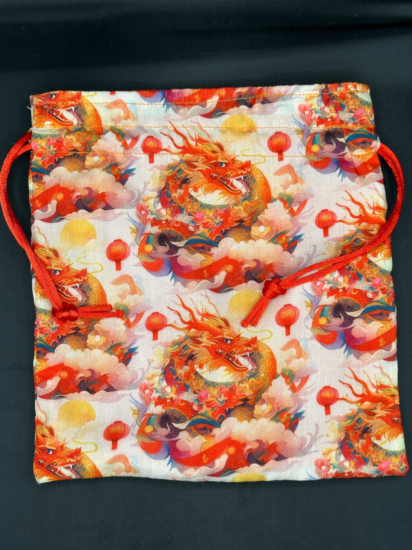 gold/red Chinese dragons draw string bag