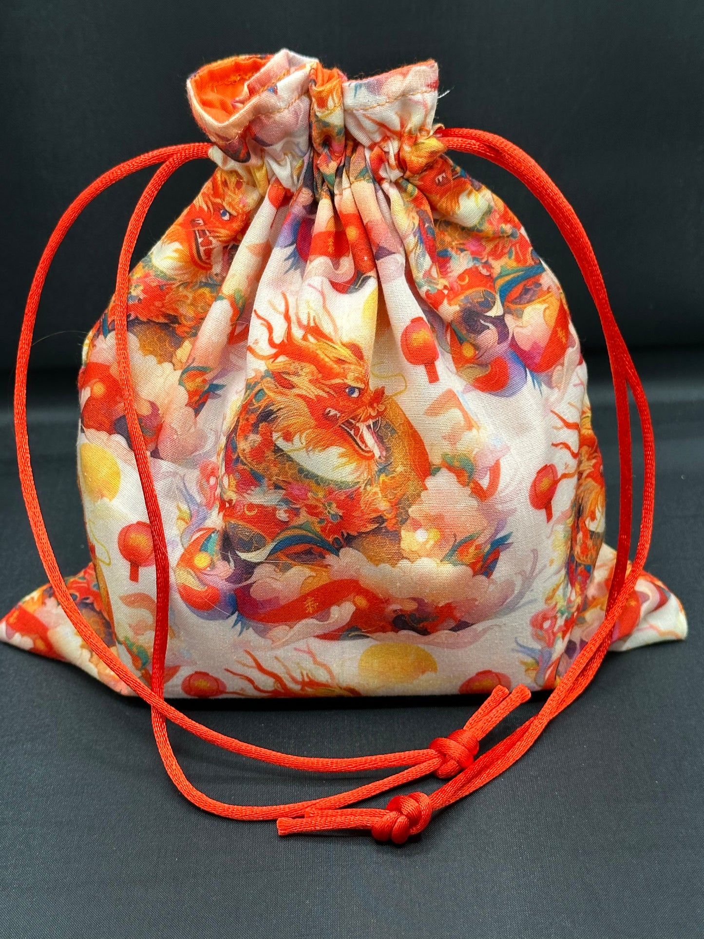 gold/red Chinese dragons draw string bag