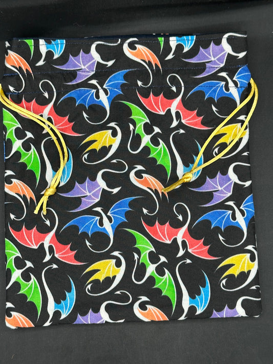 multi colored dragons on black draw string bag