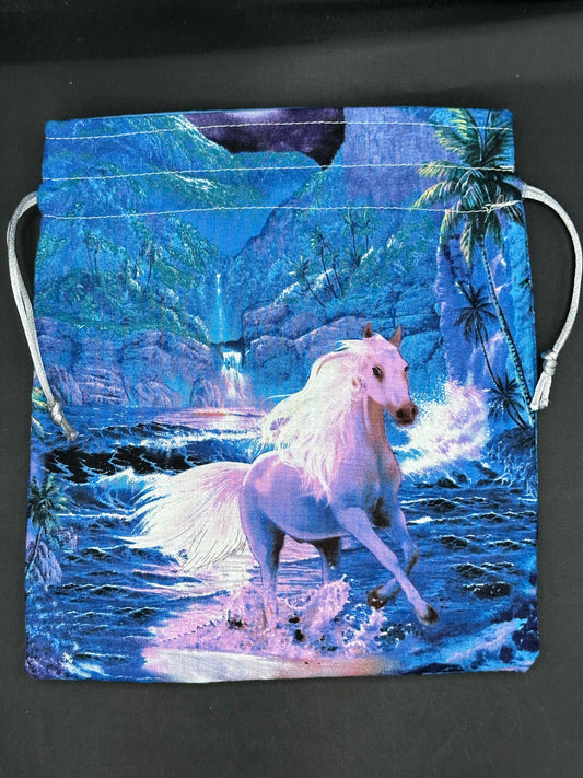 white horse draw string bag