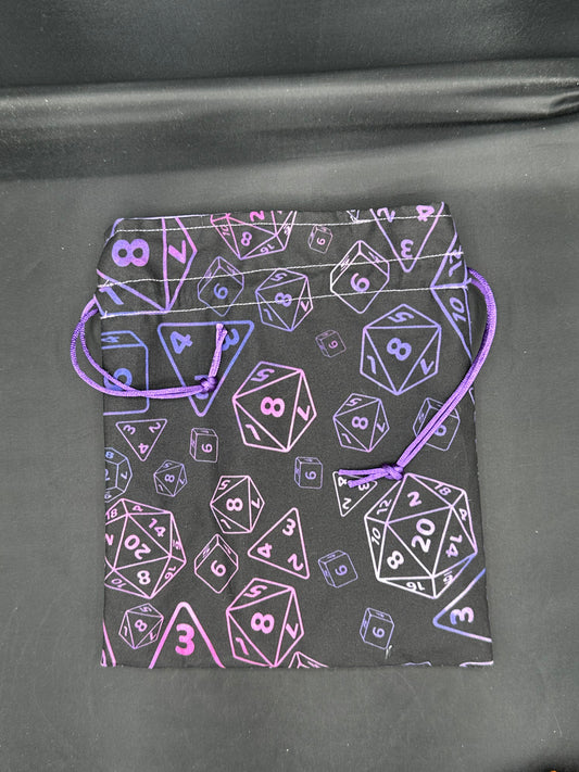 D&D Dice on purple draw string bag
