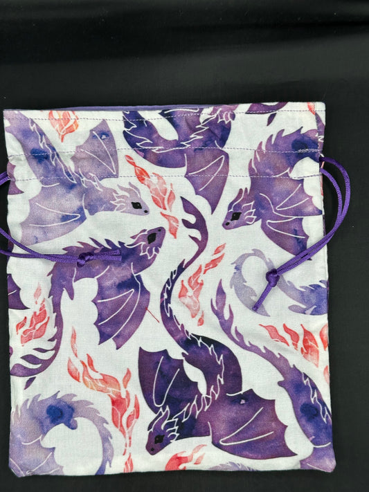 purple dragons on white draw string bag