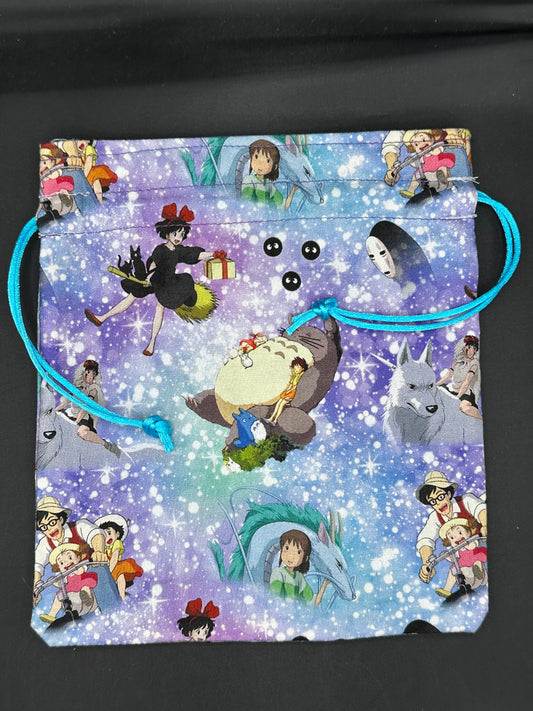 Studio Ghibli - on blue and purple draw string bag