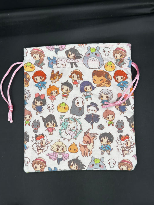 Studio Ghibli characters on white draw string bag
