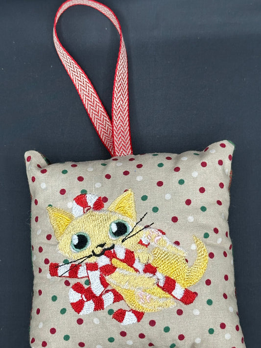 Cat and candy cane pillow/ornament